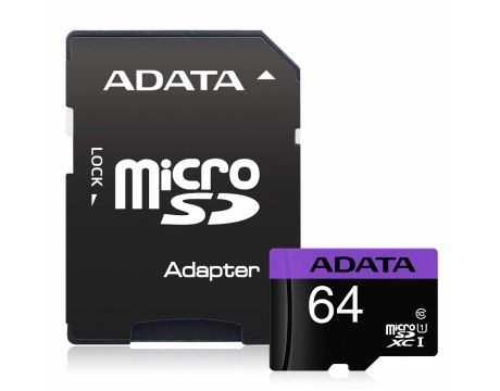 64GB microSDXC ADATA Premier + SD адаптер, черен на супер цени