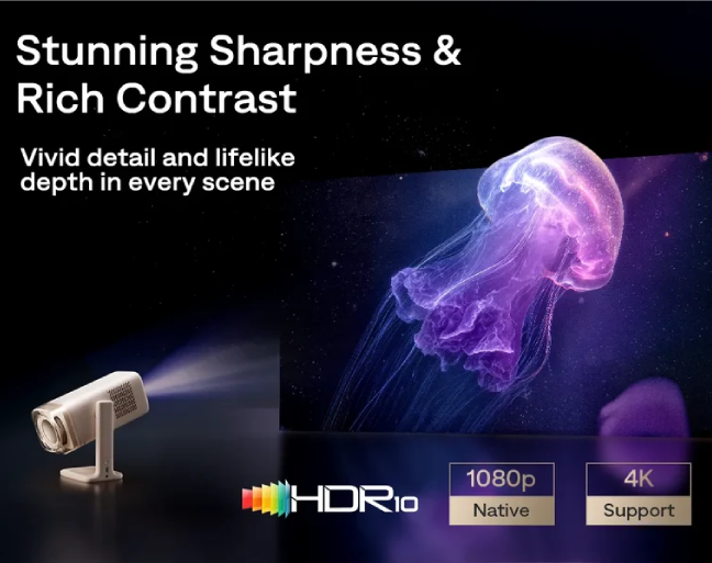 С вградена Full HD резолюция с HDR10 за ярък контраст и 300 ANSI лумена яркост, този 4K проектор се представя най-добре в слабо или умерено осветена среда.