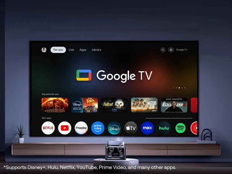 Мини интелигентният проектор BOOM предлага вградената Google TV на големия ви екран, отключвайки над 10 000 приложения, включително Netflix, YouTube и труднооткриваемите, официално лицензирани Disney+ и Hulu.