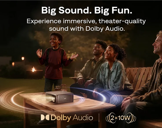 Двойните 10W високоговорители разгръщат 360° DoIby Audio, което изпълва стаята с дълбоки, бумтящи ниски и отчетливи, детайлни високи честоти - всяка експлозия, шепот и музикален ритъм оживяват, предоставяйки наистина кинематографично, завладяващо изживяване без външни високоговорители.