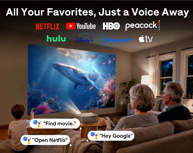 Захранван от обновената система Google TV 14.0 , Aurzen EAZZE D1 MAX осигурява по-бързо стартиране, по-плавна навигация и по-лесен достъп до любимите ви забавления. Гледайте филми, предавания, спорт на живо, новини и над 800 безплатни телевизионни канала на живо директно от проектора - без да е необходим допълнителен адаптер, стрийминг стик или допълнително дистанционно.