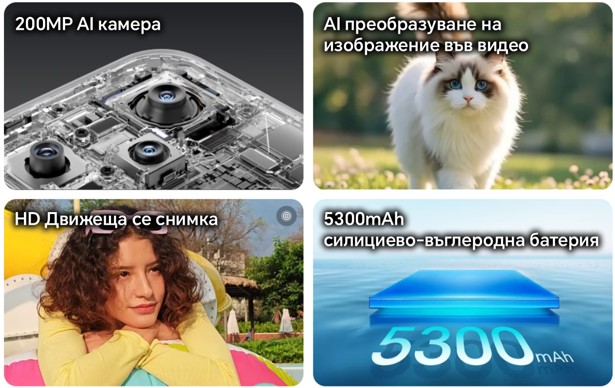 200MP AI камер. AI преобразуване на изображение във видео. HD Движеща се снимка. 5300mAh силициева-въглеродна батерия.