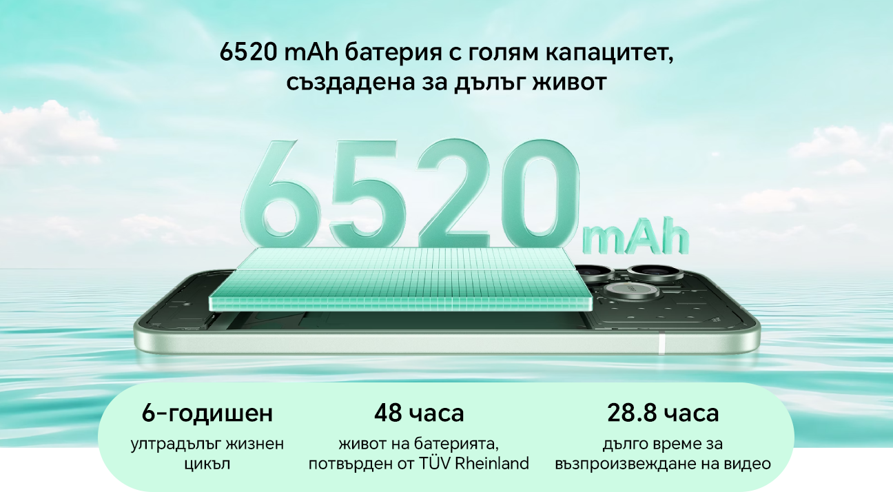 6520 mAh батерия с голям капацит 6-годишен ултрадълъг жизнен цикъл. 48 часа живот на батерията, потвърден от TÜV Rheinland. 28.8 часа дълго време за възпроизвеждане на видео