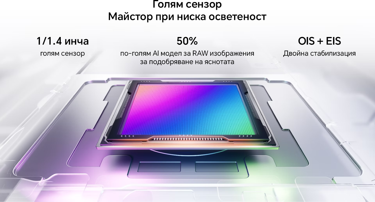 Голям сензор Майстор при ниска осветеност 1/1.4 инча  голям сензор  50% по-голям AI модел за RAW изображения за подобряване на яснотата  OIS + EIS Двойна стабилизация