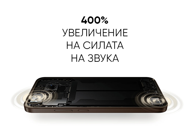 Оборудван с два високоговорителя, осигуряващи до 400% увеличение на силата на звука за експлозивно аудио изживяване и мигновено потапяне.