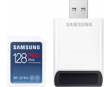 128GB microSDXC Samsung Pro Plus + USB адаптер, тъмносин на супер цени