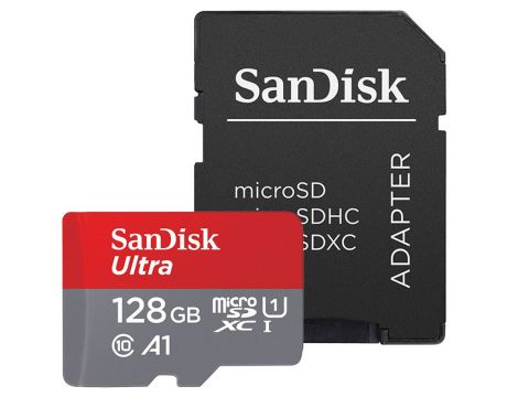 128GB microSDXC SanDisk Ultra, сив/червен + SD Адаптер на супер цени