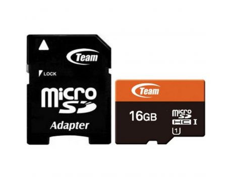 16GB microSDHC Team Group + SD адаптер, черен/оранжев на супер цени