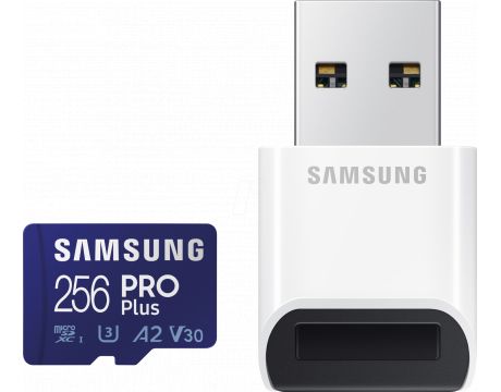256GB microSDXC Samsung Pro Plus + USB адаптер, тъмносин на супер цени