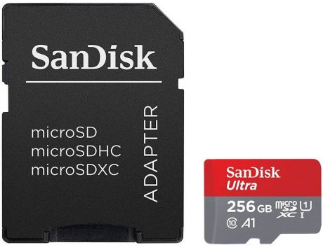256GB microSDXC SanDisk Ultra + SD адаптер, сив/червен на супер цени