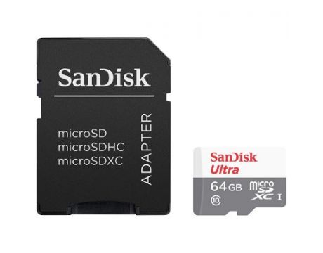 64GB microSDHC SanDisk Ultra + SD адаптер, бял/сив на супер цени