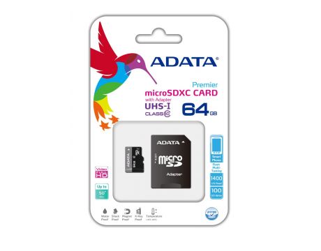 64GB microSDXC ADATA + Адаптер, черен на супер цени