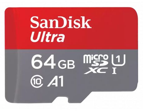 64GB microSDXC SanDisk Ultra + SD адаптер, сив/червен на супер цени