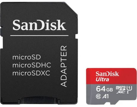 64GB microSDXC SanDisk Ultra + SD адаптер, сив/червен на супер цени