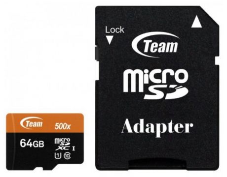 64GB microSDXC Team Group + SD адаптер, черен/оранжев на супер цени