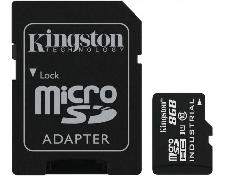 8GB MicroSDHC Kingston Industrial + SD адаптер, черен на супер цени