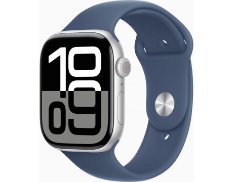 Apple Watch Series 10 GPS, 46 мм, S/M, Silver Aluminum, Denim Sport на супер цени