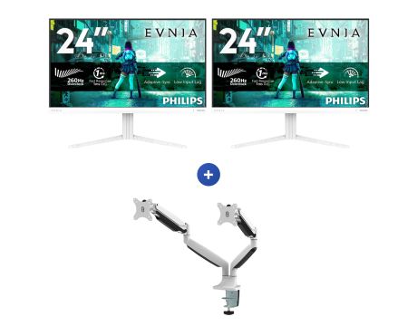 2 броя 24" Philips Evnia 24M2N3201P и стойка Neomounts NM-D750DWHITE на супер цени