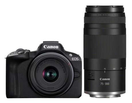 Canon EOS R50, черен и допълнителен обектив RF-S 75-300 на супер цени