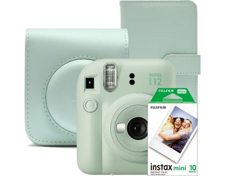 фотоапарат за моментни снимки FUJIFILM instax mini 12, светлозелен и аксесоари на супер цени