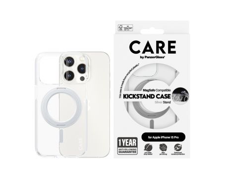 PanzerGlass Care Kickstand MagSafe за Apple iPhone 15 Pro, прозрачен/сребрист на супер цени