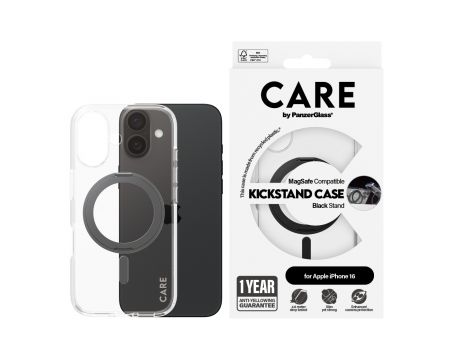 PanzerGlass Care Kickstand MagSafe за Apple iPhone 16, прозрачен/черен на супер цени