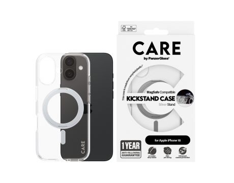 PanzerGlass Care Kickstand MagSafe за Apple iPhone 16, прозрачен/сребрист на супер цени
