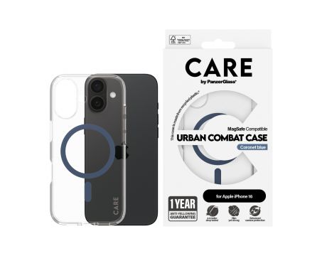 PanzerGlass Care Urban Combat MagSafe за Apple iPhone 16, прозрачен/син на супер цени
