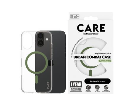 PanzerGlass Care Urban Combat MagSafe за Apple iPhone 16, прозрачен/зелен на супер цени