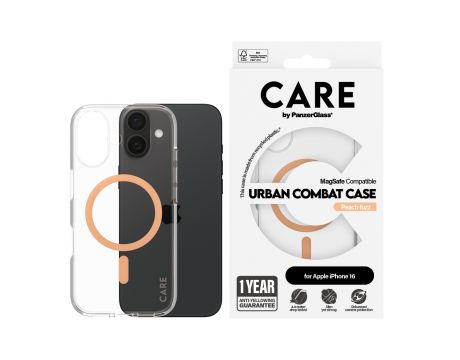 PanzerGlass Care Urban Combat MagSafe за Apple iPhone 16, прозрачен/оранжев на супер цени