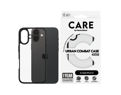 PanzerGlass Care Urban Combat за Apple iPhone 16, прозрачен/черен на супер цени