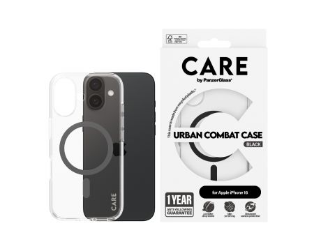 PanzerGlass Care Urban Combat MagSafe за Apple iPhone 16, прозрачен/черен на супер цени