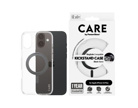 PanzerGlass Care Kickstand MagSafe за Apple iPhone 16 Plus, прозрачен/черен на супер цени
