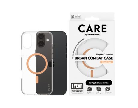 PanzerGlass Care Urban Combat MagSafe за Apple iPhone 16 Plus, прозрачен/оранжев на супер цени