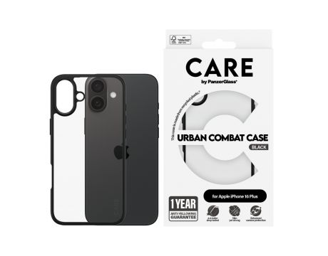 PanzerGlass Care Urban Combat за Apple iPhone 16 Plus, прозрачен/черен на супер цени