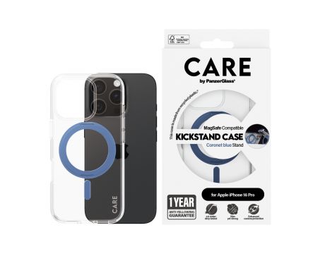 PanzerGlass Care Kickstand MagSafe за Apple iPhone 16 Pro, прозрачен/син на супер цени