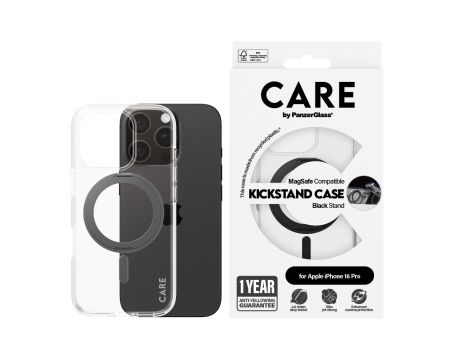 PanzerGlass Care Kickstand MagSafe за Apple iPhone 16 Pro, прозрачен/черен на супер цени