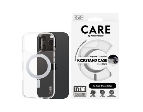 PanzerGlass Care Kickstand MagSafe за Apple iPhone 16 Pro, прозрачен/сребрист на супер цени