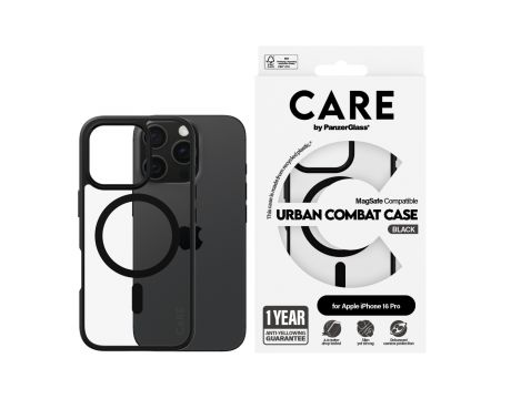 PanzerGlass Care Urban Combat MagSafe за Apple iPhone 16 Pro, прозрачен/черен на супер цени