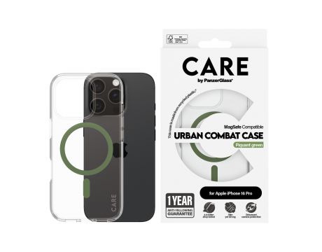 PanzerGlass Care Urban Combat MagSafe за Apple iPhone 16 Pro, прозрачен/зелен на супер цени
