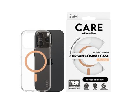 PanzerGlass Care Urban Combat MagSafe за Apple iPhone 16 Pro, прозрачен/оранжев на супер цени