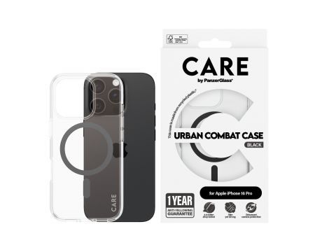 PanzerGlass Care Urban Combat MagSafe за Apple iPhone 16 Pro, прозрачен/черен на супер цени