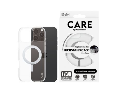 PanzerGlass Care Kickstand за Apple iPhone 16 Pro Max, прозрачен/сребрист на супер цени
