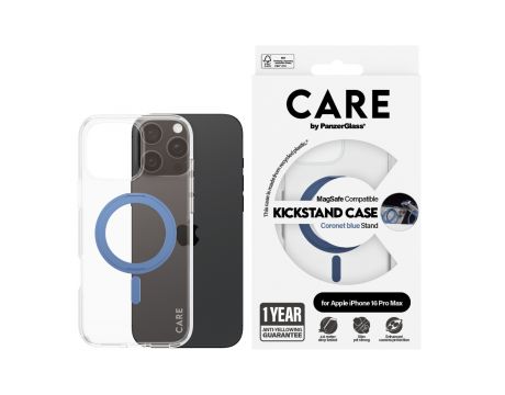 PanzerGlass Care Kickstand MagSafe за Apple iPhone 16 Pro Max, прозрачен/син на супер цени