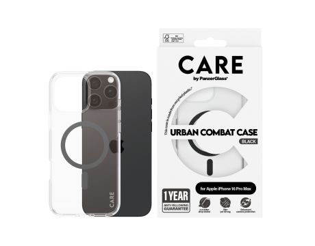 PanzerGlass Care Urban Combat за Apple iPhone 16 Pro Max, прозрачен/черен на супер цени