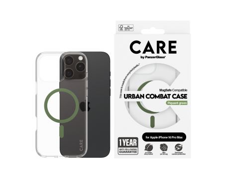 PanzerGlass Care Urban Combat за Apple iPhone 16 Pro Max, прозрачен/зелен на супер цени