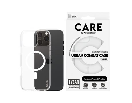 PanzerGlass Care Urban Combat за Apple iPhone 16 Pro Max, прозрачен/бял на супер цени