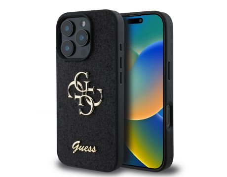 GUESS 4G Metal Logo Fixed Glitter за Apple iPhone 16 Pro, черен на супер цени