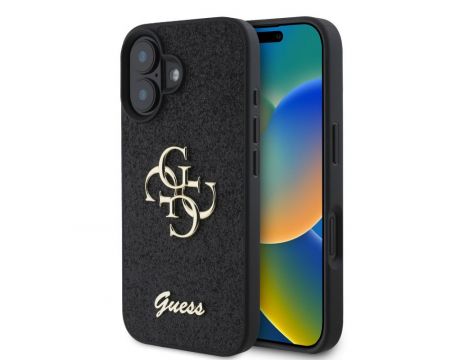 GUESS 4G Metal Logo Fixed Glitter за Apple iPhone 16, черен на супер цени