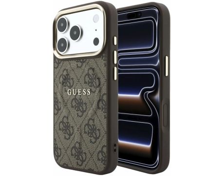 GUESS PU Leather 4G Gold Frame Embossed Magsafe за Apple iPhone 18 Pro Max/ 17 Pro Max, кафяв/златист на супер цени